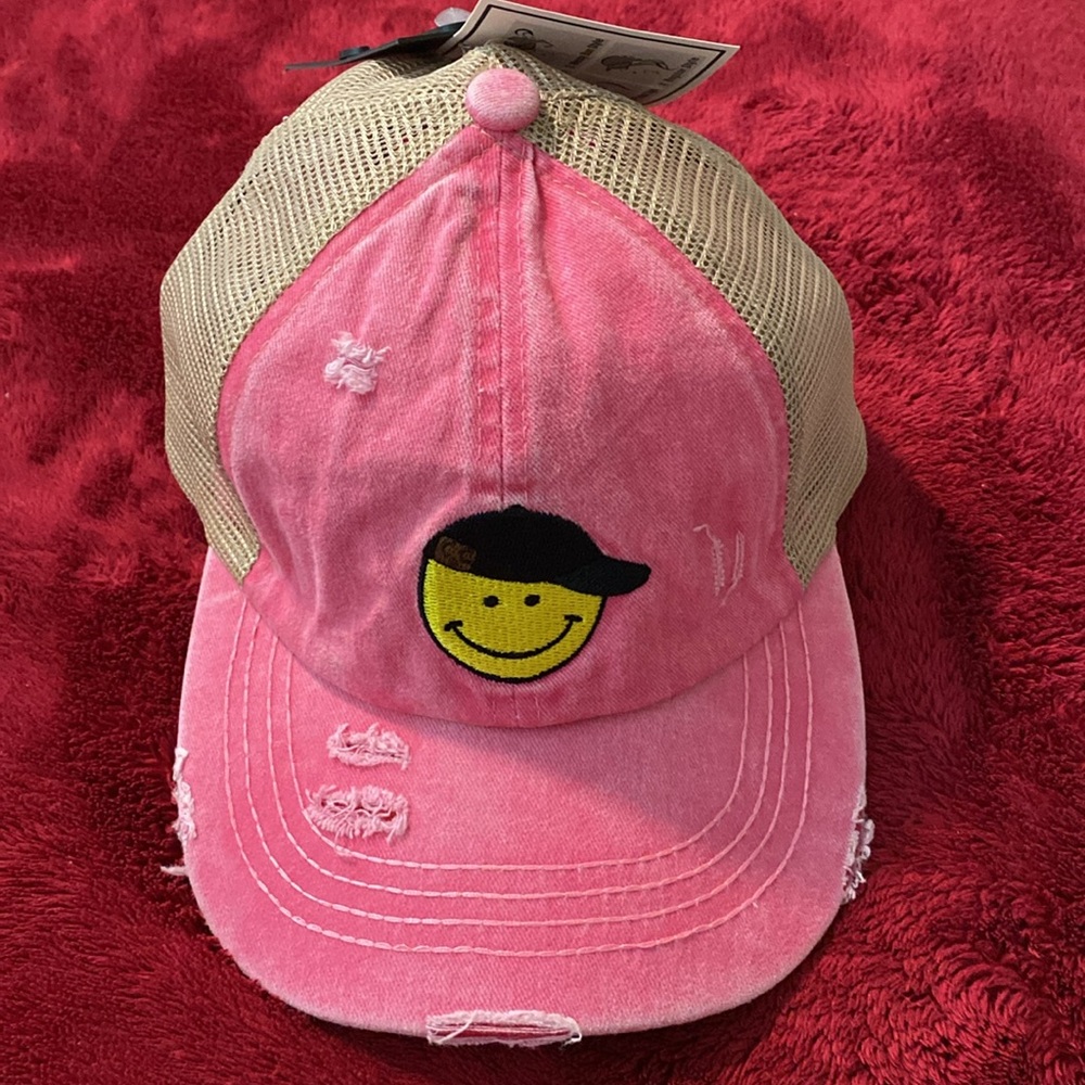 C.C Smile Embroidered Criss-Cross Pony Cap Pink